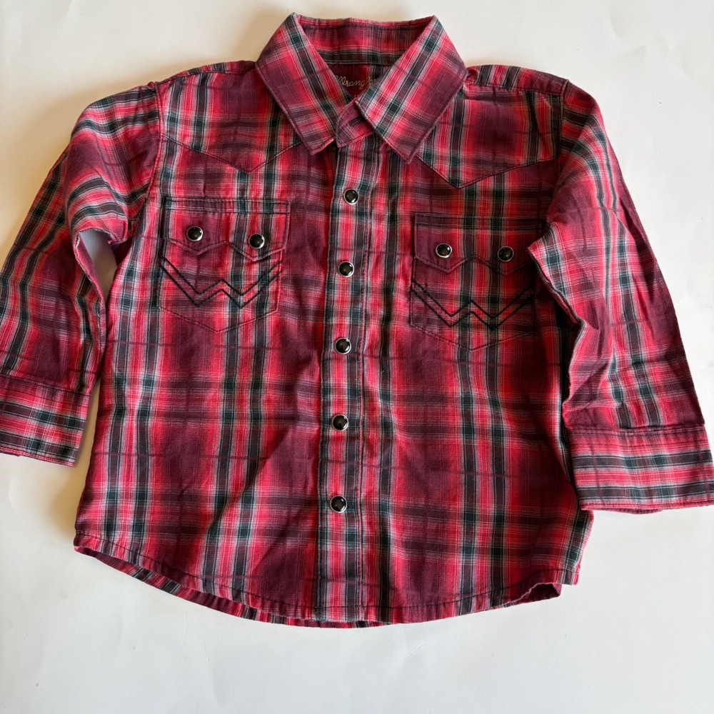 Wrangler Toddler Boys Red‎ Black Plaid Western Snap Long Sleeve Shirt 12 Months